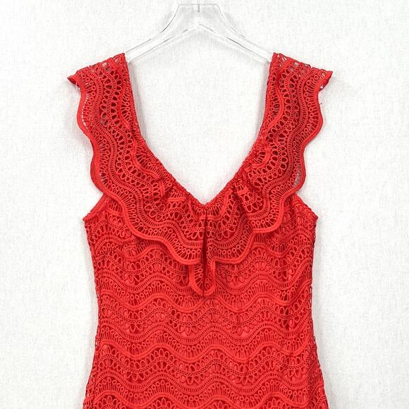SAYLOR Crochet Lace Short Fern Dress Womens Medium Orange Sleeveless Ruffle Mini - Picture 7 of 16